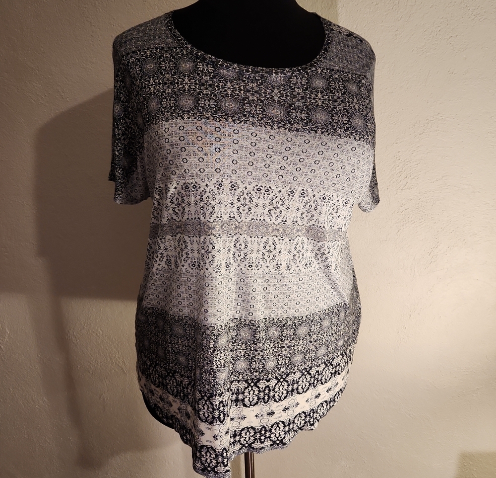 Lucky Brand Black White Print Short Sleeve Viscose Tee Size 2X